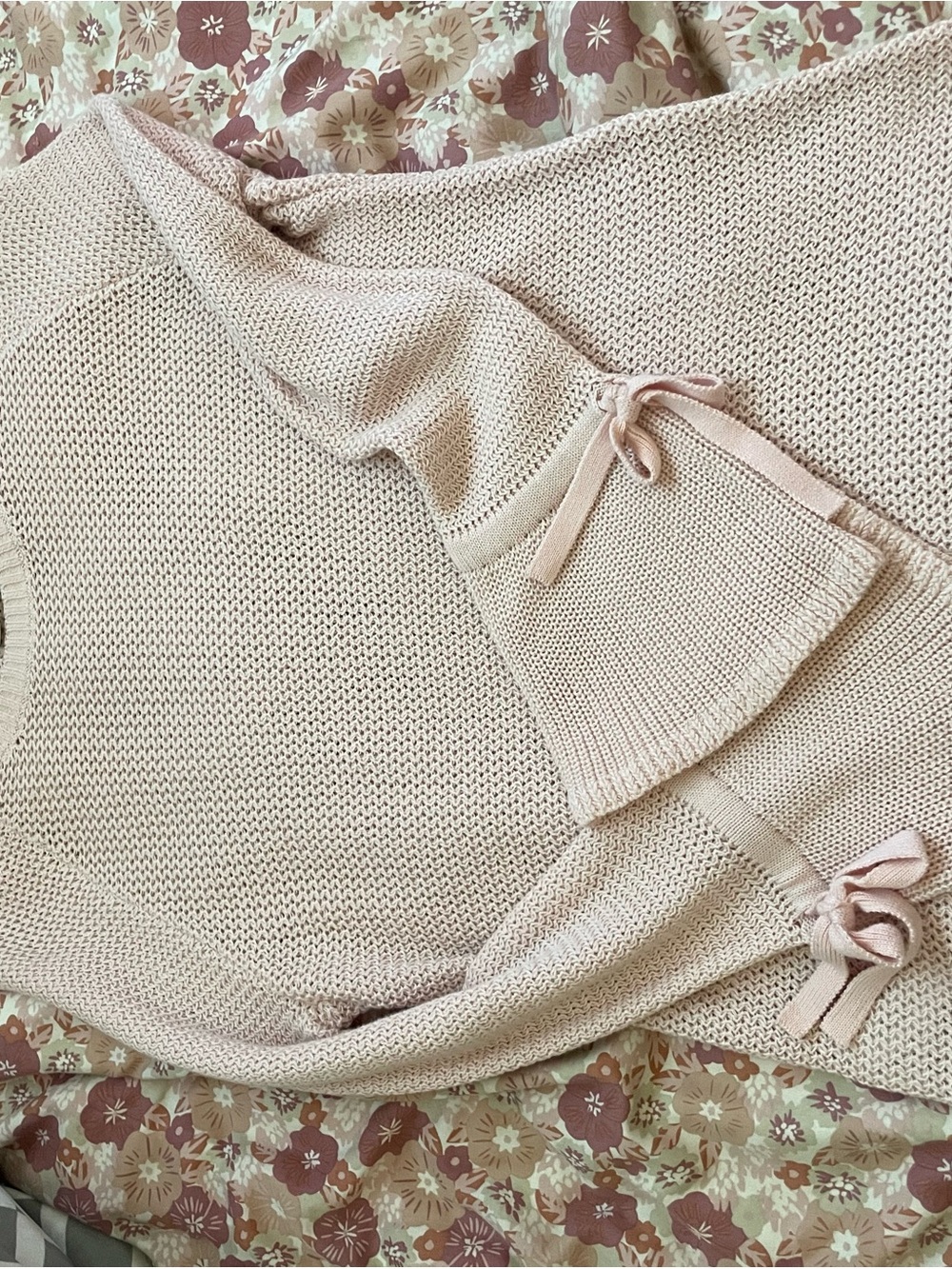 LOFT Blush Pink Cotton Sweater with Bell sleeve and cuff bow detail.